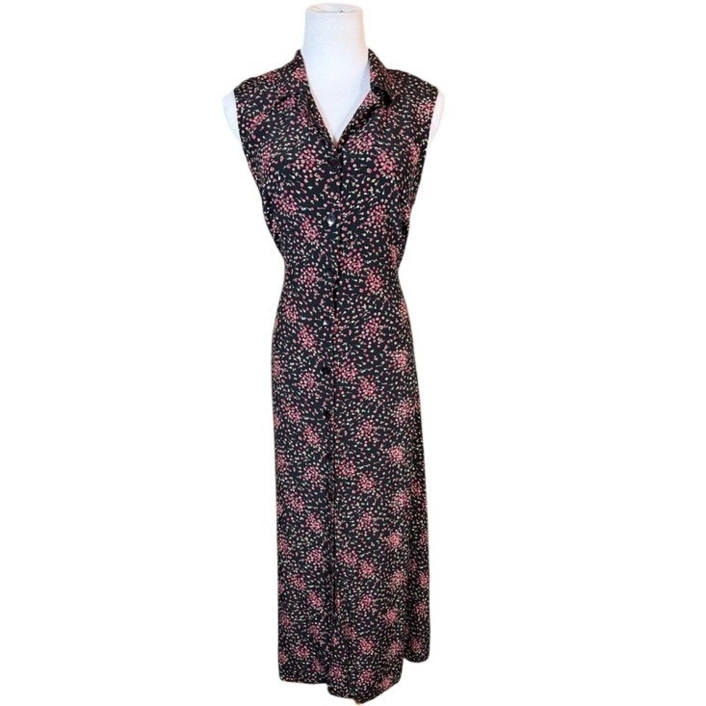Carol Anderson California VTG Floral Rayon Sleeveless Maxi Dress Black Pink 10